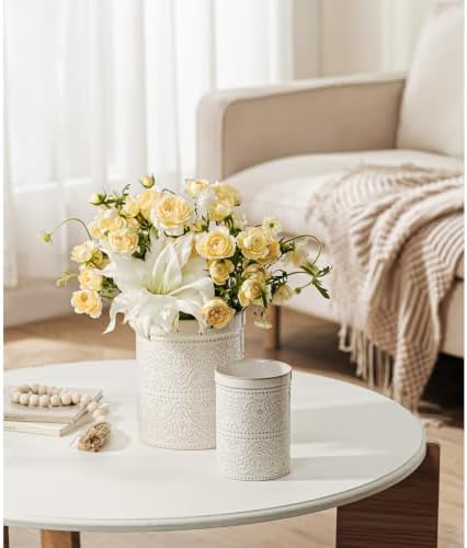 Kitchen Utensil Holder Set of 2, 7"+5.2" Inches Large Ceramic Utensil Holder for Countertop, Lace Emboss Cooking Utensil Crocks for Kitchen, Home Decor, Off-White