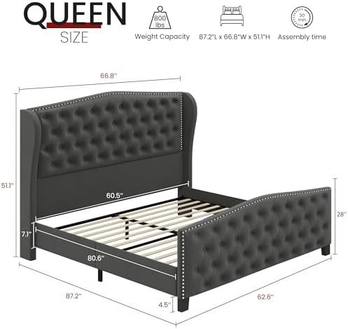 BRELTAM Upholstered Queen Size Bed Frame Velvet Tufted Platform Bed Frame with Wingback Headboard & Footboard, with Deep Button Tufted & Nailhead Wooden Slats Support, No Box Spring Needed,Grey