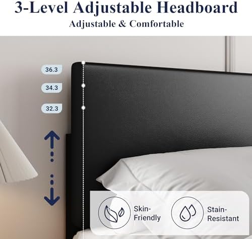 Allewie Queen Size Faux Leather Bed Frame, Adjustable Headboard, Black