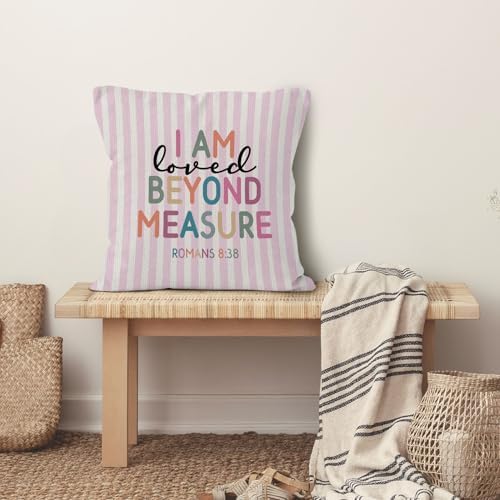 Boho Inspirational Christian Nursery Throw Pillow Cover 18x18, Religious Bible Verse Decorative Pillow Covers for Kids Girls Room Bedroom Playroom, Pink Striped Accent Pillows Cover Pillowcases