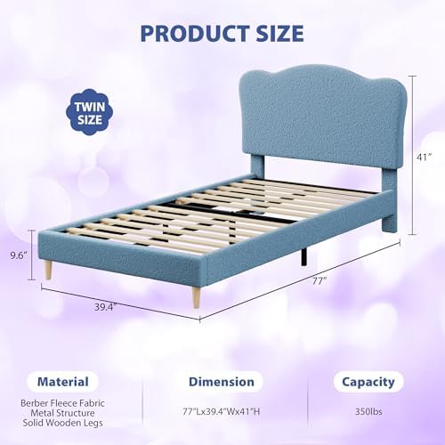 Garvee Upholstered Twin Size Bed Frame for Kids with Scallop Headboard, Cute Velvet Twin Bed for Girls, Boys, Sturdy Platform Bed, No Box Spring Needed, Wooden Slats, Noise Free, Blue