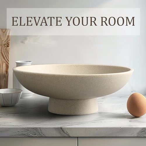 LIN CHUAN Modern Resin Pedestal Bowl – Large Fruit Bowl for Kitchen Counter, Catch All Bowl for Entryway Table, Stylish Key Bowl & Dining Centerpiece, Beige