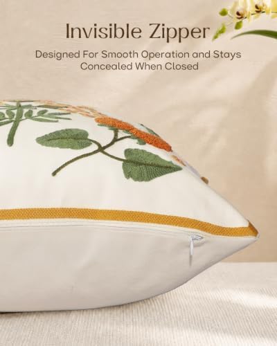Embroidered Throw Pillow Covers 18x18, Set of 2, Meadow Flower