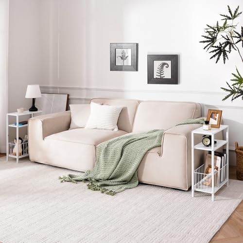 Narrow Side Table with Storage Basket Small End Table for Small Space,White