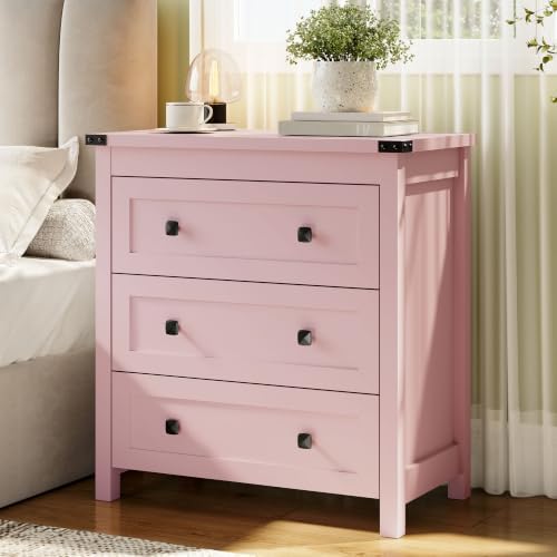 Farmhouse Nightstand with 3 Drawers, Wood Bedside Table, Pink