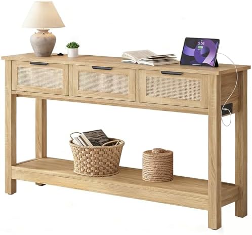 Luoxiao Entryway Table with Outlets & USB-C, 3 Drawers Rattan Console Table