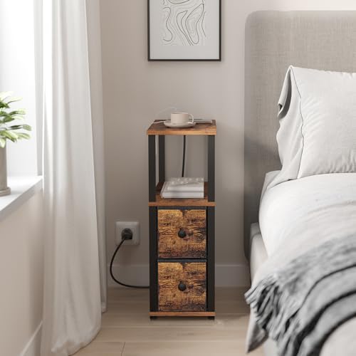 TUTOTAK Small Narrow End Tables, Side Tables with 2 Fabric Drawers, Set of 2, Bedside Tables with Charging Station for Small Spaces, Slim Nightstands with USB Ports and Wheels, TB01BB053C
