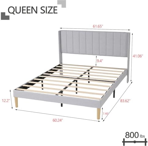 Queen Size Bed Frame with Linen Upholstered Headboard, Light Gray