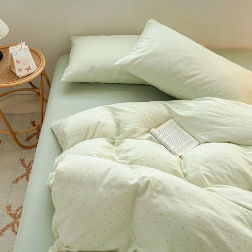 LifeTB Polka Dot Duvet Cover Set Queen, Sage Green 100% Cotton Muslin Duvet Cover, Aesthetic Polka Dot Pattern Cute Comforter Cover for All Seasons, Lightweight Soft Breathable Gauze Bedding Set