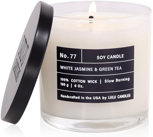 Lulu Candles | White Jasmine & Green Tea | Luxury Scented Soy Jar Candle | Hand Poured in The USA | Highly Scented & Long Lasting- 6 Oz.