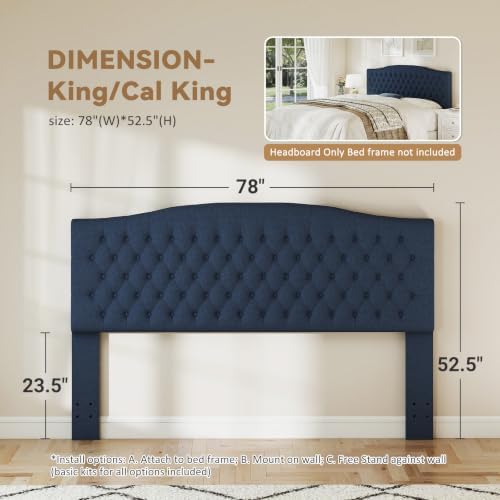 Befurtori King Headboard Only, Linen Classic Tufted Design, Navy Blue