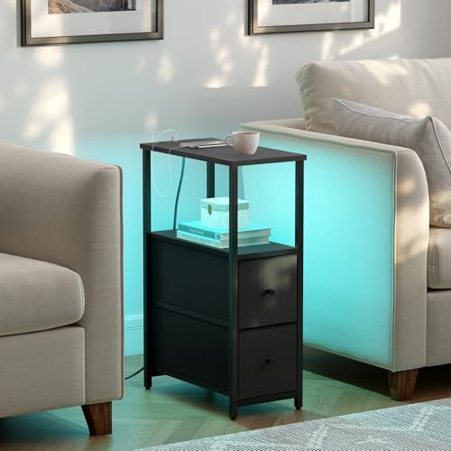 TUTOTAK Narrow LED End Table, Skinny Side Table with Charging Station