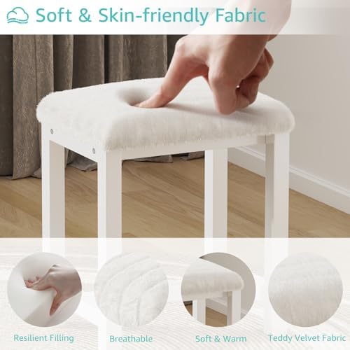 Small Plush Vanity Stool, Cute Vanity Stools with Soft Faux Rabbit Fur Cushion, White Makeup Vanity Chair for Small Spaces, Living Room, Bedroom, Entryway, Ottoman Foot Rest for Couch Sillas Modern