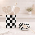 Checkered Utensil Holder and Spoon Rest Set, Black and White Ceramic Utensil Holder for Countertop, Spoon Rest for Stove Top, Farmhouse Kitchen Decor, Dishwasher Safe, Utensils Not Included