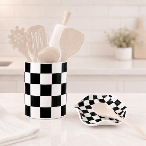 Checkered Utensil Holder and Spoon Rest Set, Black and White Ceramic Utensil Holder for Countertop, Spoon Rest for Stove Top, Farmhouse Kitchen Decor, Dishwasher Safe, Utensils Not Included