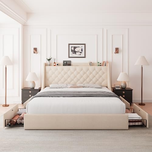 Feonase Upholstered Full Size Bed Frame with 4 Storage Drawers, Charging Station and Tufted Wingback Storage Headboard, No Box Spring Needed, Easy Assembly, Beige