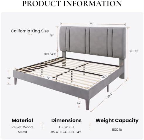 SHA CERLIN California King Size Bed Frame with Adjustable Headboard, Grey