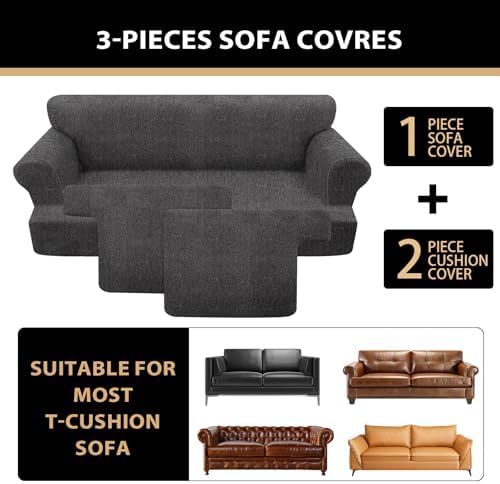 3 Pieces Sofa Covers fot T Cushion Loveseat Slipcover, Sofa Stretch Slip Covers for 2 Cushion Couch with 2 Individual T Shape Seat Covers (Dark Gray, 2 Cushion)