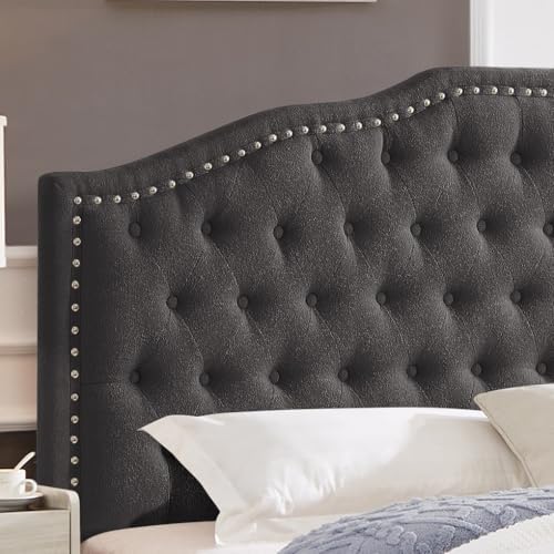 24KF Upholstered Button Tufted Queen Headboard with Nailhead Trim, Elegant Boucle Fabric Full headboard, 6031-Q-Boucle-Dark Gray