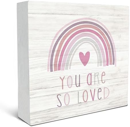 SRADMO You Are So Loved Rainbow Heart Wood Box Sign Desk Decor, Pink Decor Kids Inspirational Quotes Wooden Block Box Sign Decoration for Kids Room Nursery Playroom Shelf Table Decorative Accessories