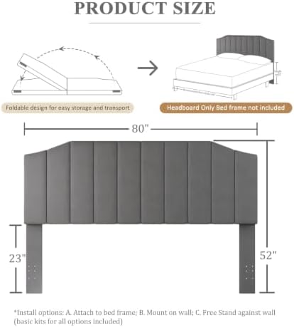 Furpopup Velvet King Headboard Only, Wall and Bed Frame Mount, Dark Gray
