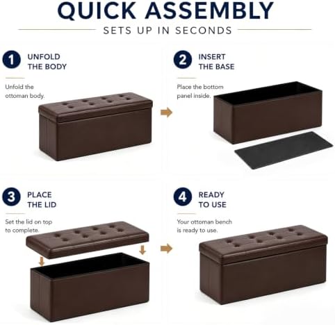 ALASDO 43 Inch Folding Storage Ottoman Bench with Hidden Storage, PU Leather Ottoman Foot Rest Stool, End of Bed Bench for Bedroom, Living Room, Entryway and Closet, Brown