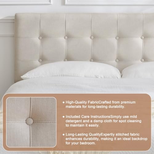Linen Tufted Headboard King Size, Solid Wood King Headboard Only, Beige