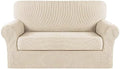 Turquoize Stretch Sofa Slipcover 2 Pieces Sofa Cover Couch Cover for 2 Cushion Couch Washable Furniture Protector Covers with Elastic Bottom Feature Thick Jacquard Fabric (Loveseat, Biscotti Beige)