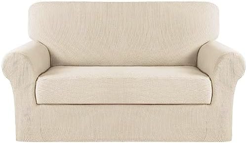 Turquoize Stretch Sofa Slipcover 2 Pieces Sofa Cover Couch Cover for 2 Cushion Couch Washable Furniture Protector Covers with Elastic Bottom Feature Thick Jacquard Fabric (Loveseat, Biscotti Beige)