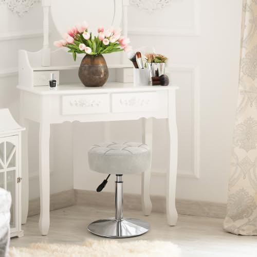 LUE BONA Adjustable Vanity Stool, 360°Swivel Vanity Chair Stool for Makeup Room, Light Greige Stool Chair for Vanity, Small Velvet Vanity Stool for Bathroom, Living Room