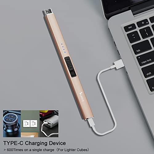 SUPRUS Electric Lighter Arc Windproof Flameless USB Rechargeable Lighter with Safety Lock for Candle BBQ Camping (Champagne Gold)