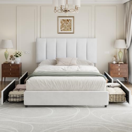 VECELO Full Size Bed Frame with 4 Storage Drawers, Adjustable Height Headboard, Heavy-Duty Platform Bedframe with Strong Wooden Slats, No Box Spring Needed, Velvet & White
