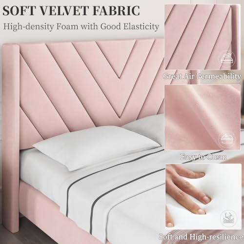 Yaheetech Queen Bed Frame with Chevron Channel-Tufted Headboard, Pink