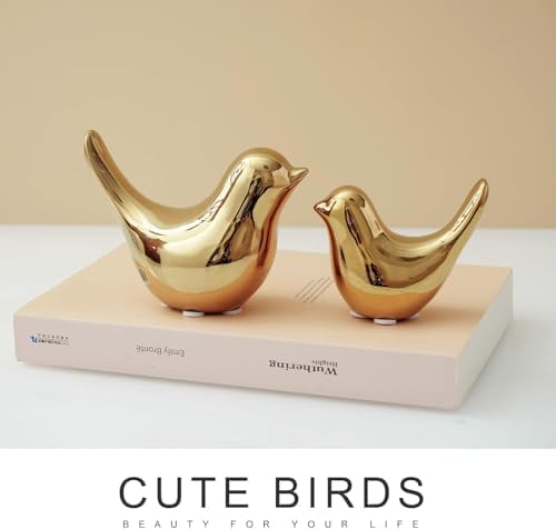 2 Ceramic Bird Figurines, Gold Bird Statues for Shelf and Bookshelf Decor