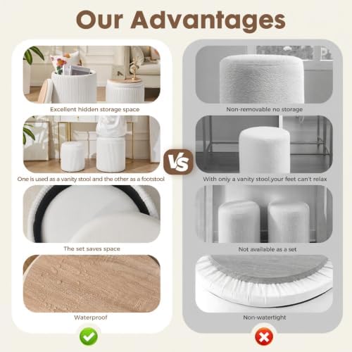 Round Ottoman with Storage Set of 2 White Vanity Stool with Tray