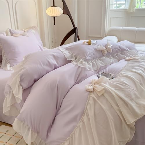 SOUKECHY Chic Lace Bedding,Girls Twin Aesthetic Comforter Cover Set,Romantic French Princess Style Ruffled Duvet Cover with Lovely Bow with Zipper Closure-Purple,Twin