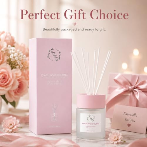 Reed Diffuser Set, 3.38 fl oz (100 ml) - White Peach & Oolong Oil Diffusers with Reed Sticks, Home Fragrance Reed Diffuser for Bathroom Shelf Decor