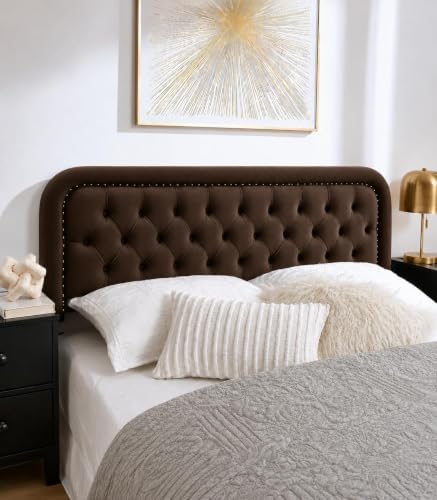 Tufted Upholstered Twin Size Headboard only - Button Solid Wood HeadBoards with Adjustable Height - Modern Velvet Padded Bed Headboard - Easy Assembly - Nailhead, Taupe Brown