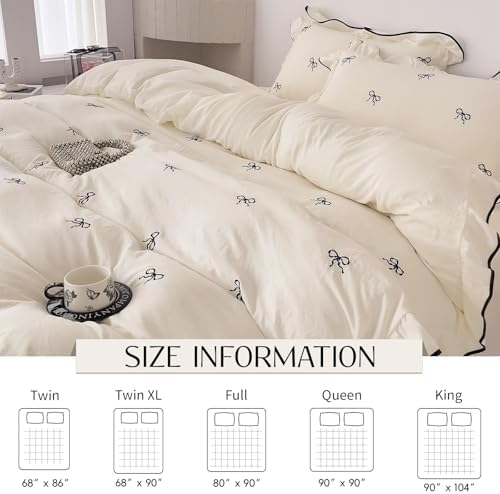3-Piece Duvet Cover Set Brushed Washed for Softness,1 Duvet Cover and 2 Pillowcases,Black Bow Ruffles Bedding Set for All Seasons,Cute Comforter Covers with Ties Twin Size 80"×90”
