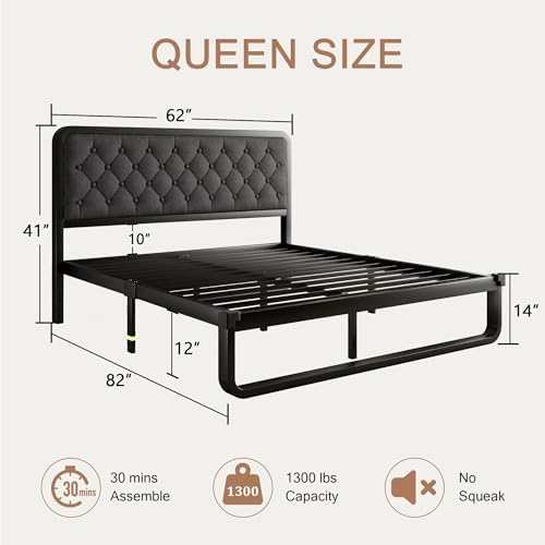 Einhomn Queen Size Bed Frame with Linen Tufted Headboard, Heavy Duty Metal Platform Bed Frame with U-Shaped Foundation, 12" Underbed Space, Noise Free, No Box Spring Needed, Easy Assembly, Dark Grey
