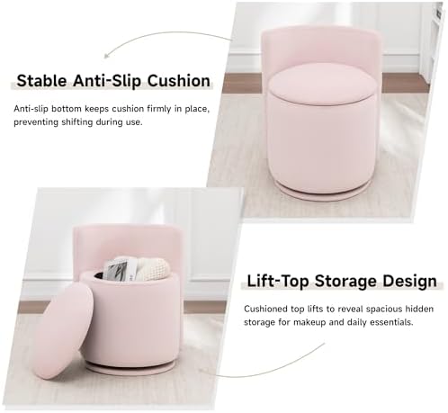 MINCETA Vanity Chair with Storage, 360° Swivel Accent Chair, Pink