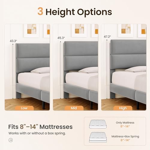 GRUSIGN Twin Size Platform Bed Frame with Velvet Headboard, Adjustable Height Wooden Slats Support, Upholstered Mattress Foundation, Fits Mattress or Mattress with Box Spring, Easy Assembly, Grey