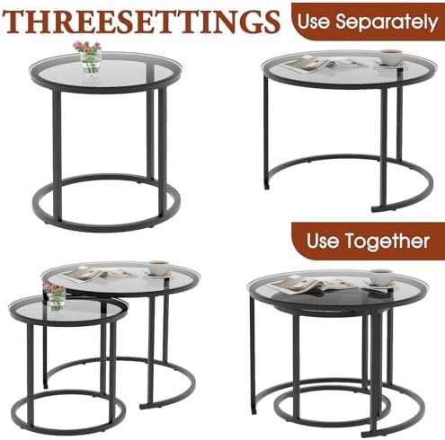 aboxoo Nesting Coffee Table Grey Glass Table Set of 2, Small Round Glass Nesting Tables for Living Room Bedroom, Accent Tea Table with Metal Frame Modern Industrial Simple