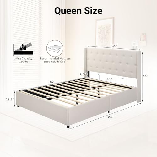GIANTEX Queen Size Lift Up Storage Bed, Modern Linen Upholstered Platform w/Button Tufted Wingback Headboard & Hydraulic Support, Queen Bed Frame with Storage, No Box Spring Needed (Beige)