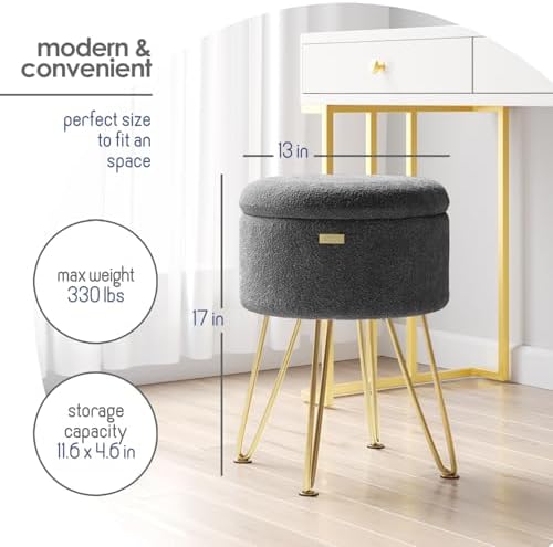 Round Ottoman with Storage, Boucle Storage Ottoman, Foot Stool Ottomans, Makeup Vanity Stool, Small Ottomans Foot Rest, Modern Vanity Stools for Living Room and Bedroom, Grey