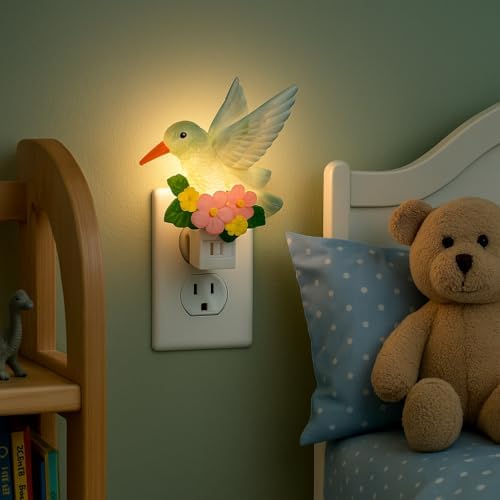 Novelty Lights LED Hummingbird Lamp with Flowers, Swivel Plug Night Light