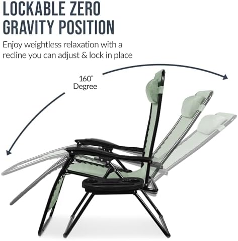 Best Choice Products Set of 2 Extra Wide Adjustable Steel Mesh Zero Gravity Lounge Chair Recliners w/Pillows and Cup Holder Trays - Sage Green