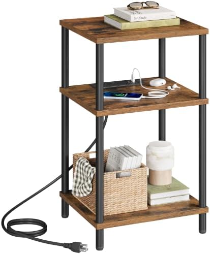 VASAGLE Side Table with Charging Station, 3-Tier Small Tall End Table