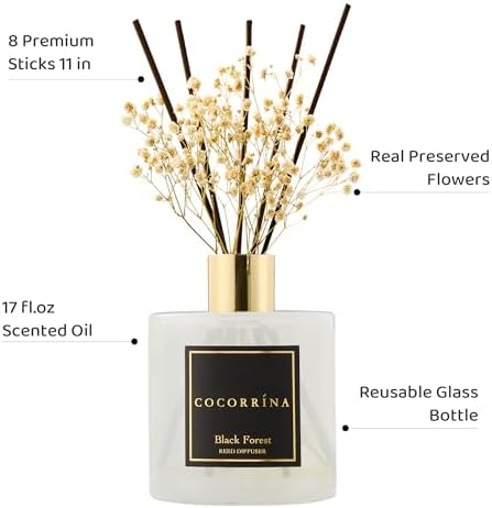 COCORRÍNA Reed Diffuser - Black Forest 17 Fl.oz Reed Diffuser with 8 Sticks Scented Diffuser with Preserved Flowers for Bathroom Home Decor