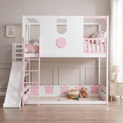 Merax Full Size Playhouse Bunk Bed with Slide and Storage Shelves, Pink